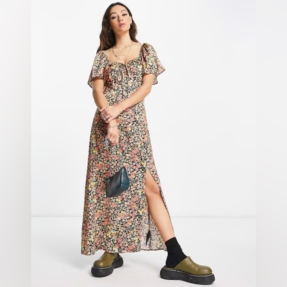 Topshop Satin Ruched Sweetheart Midi Dress Ditsy Floral Side Slit Tea Size 4